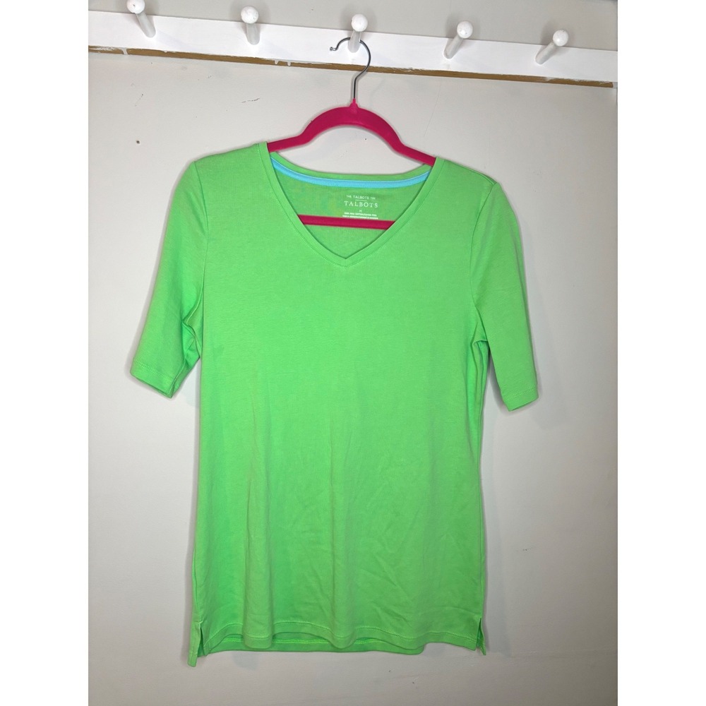 Talbots Lime Green Pima Cotton V Neck Tee Shirt Womens Medium